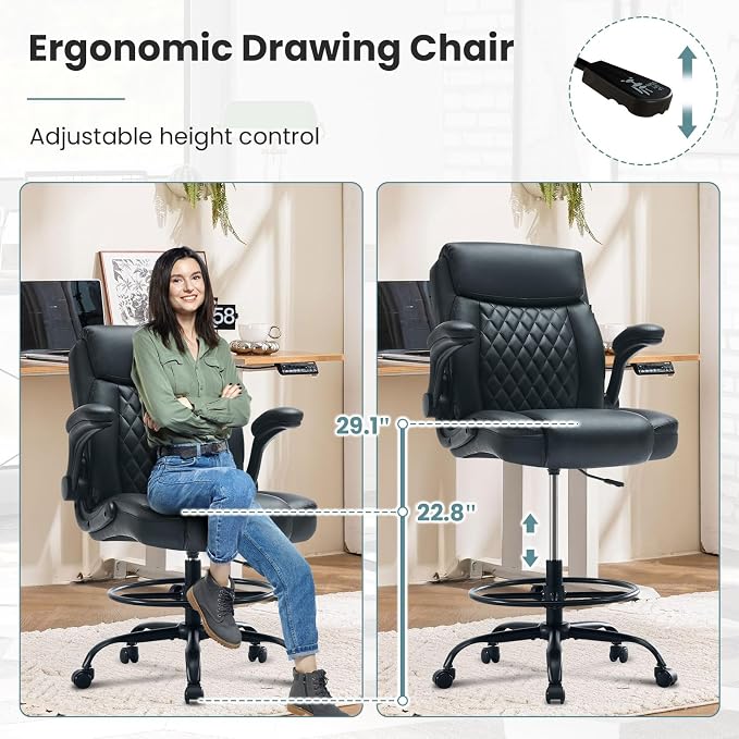 MAHOMICO Drafting Chair for Standing Desk – Tall Office Chair with Adjustable Height & Foot Ring, Flip-Up Arms, Lumbar Support – Comfortable Leather Seat, Ideal Home Desk Chair