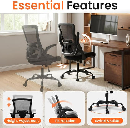 NEO CHAIR Office Chair High Back Desk Mesh Chair Comfy Computer Gaming Seat with Adjustable Ergonomic Lumbar Rolling Flip-up Armrests and Wheels (Black)
