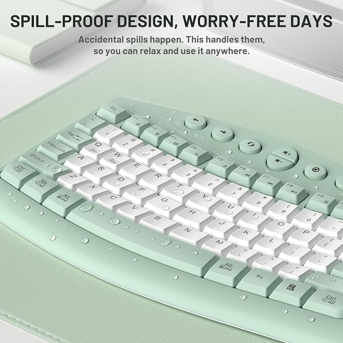 Wireless Keyboard and Mouse Combo,2.4G Full Size Ergonomic Curved Silent Keyboard with Fn Multimedia Keys for Office and Home, 3-DPI Quiet Mouse for Windows,Mac OS Desktop/Laptop/PC (Avocado Green-B)