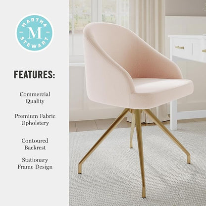 Martha Stewart Sora Stationary Swivel Task Chair with Sloped Arms for Home Office in Conch Shell Fabric with Polished Brass Frame