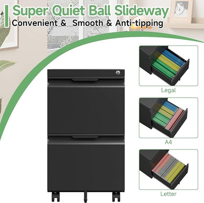 2 Drawer File Cabinet with Lock,Small Filing Cabinet for Home Office,Rolling Metal File Cabinets with Wheels for Letters/Legal/A4 Size, Assembly Required,Black