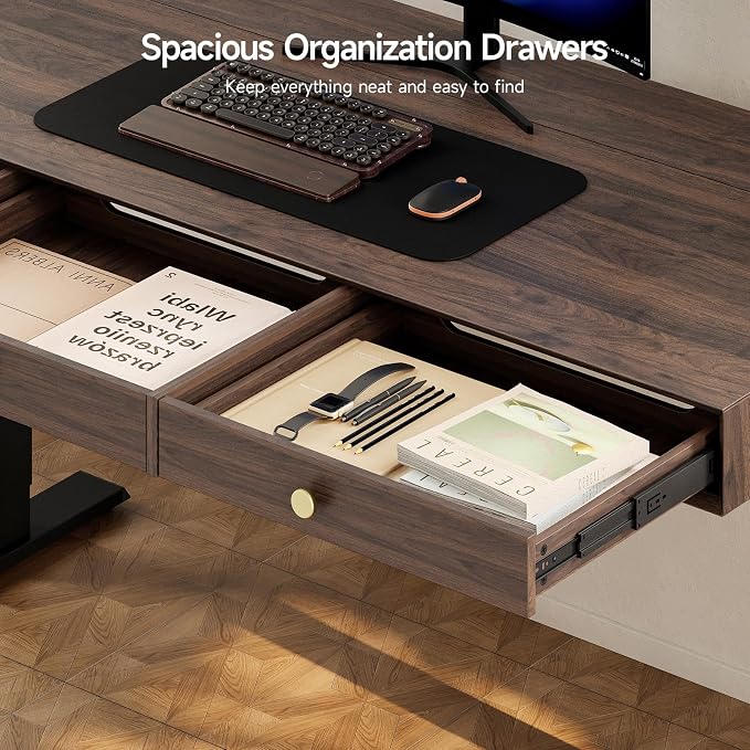 Electric Standing Desk with 3 Drawers, 55 x 24 Inch Height Adjustable Stand up Desk with Storage and Widened Legs, Retro Home Office Desks with Memory Controller for Computer Workstation, Walnut
