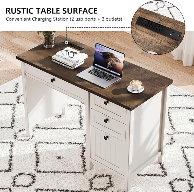 Farmhouse Executive Desk 45 inch Computer Desk with 4 Drawers, Smart Charging Station, Home Office & Study Room Essential for Remote Workers, Professionals & Students.Antique White