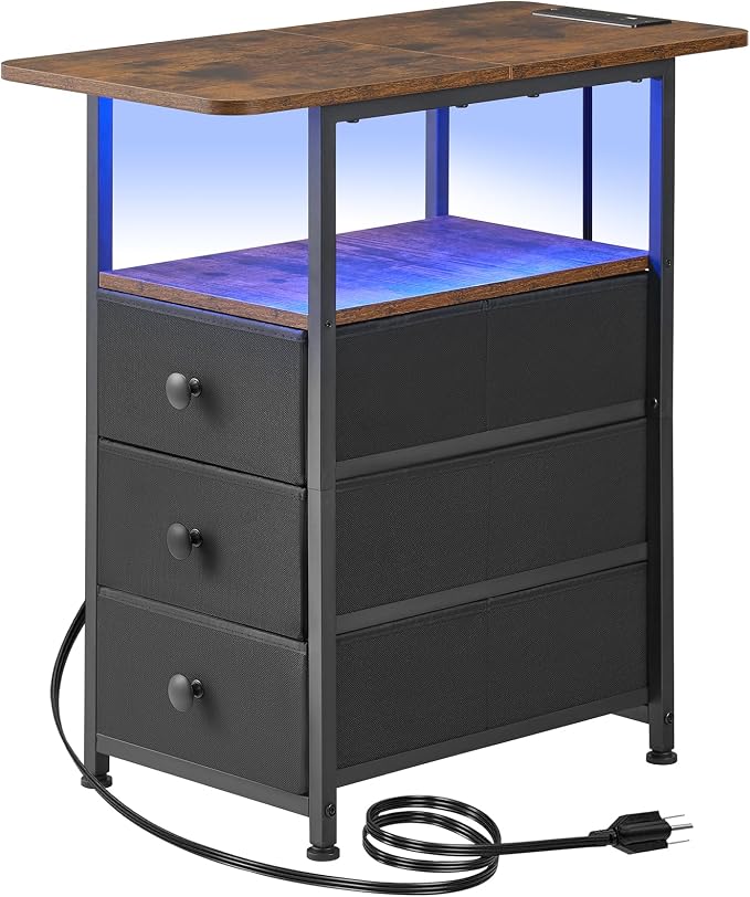 DALEMHOME Narrow End Table with Charging Station, Narrow Side Table with 3 Fabric Drawers, Slim Nightstand with LED Light, Small Table with Storage, Living Room, Bedroom, Rustic Brown HKET1303BR