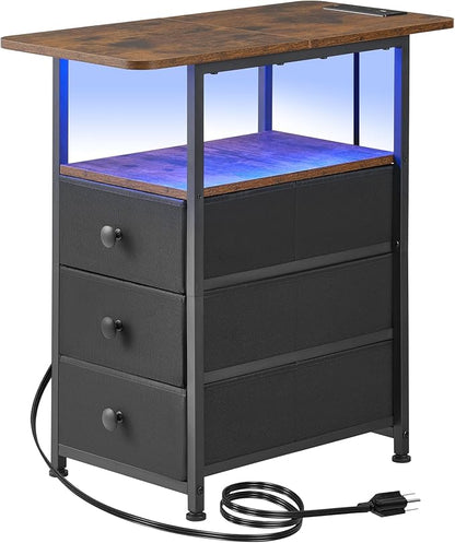DALEMHOME Narrow End Table with Charging Station, Narrow Side Table with 3 Fabric Drawers, Slim Nightstand with LED Light, Small Table with Storage, Living Room, Bedroom, Rustic Brown HKET1303BR
