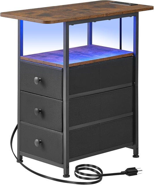 DALEMHOME Narrow End Table with Charging Station, Narrow Side Table with 3 Fabric Drawers, Slim Nightstand with LED Light, Small Table with Storage, Living Room, Bedroom, Rustic Brown HKET1303BR