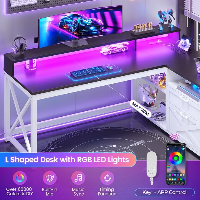 SEDETA Corner Computer Desk, 55" L Shaped Gaming Desk with Storage Drawers and Power Outlet, Farmhouse Corner Gaming Desk with Storage Shelves and LED Lights for Home Office, Black