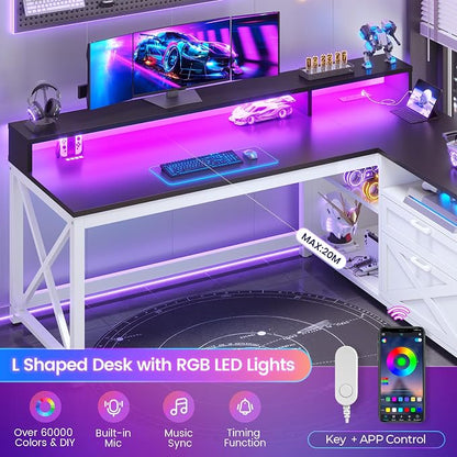SEDETA Corner Computer Desk, 55" L Shaped Gaming Desk with Storage Drawers and Power Outlet, Farmhouse Corner Gaming Desk with Storage Shelves and LED Lights for Home Office, Black