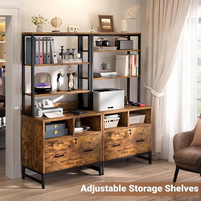Homieasy File Cabinet with Charging Station, Vertical Filing Cabinet with Lock & Large Drawer, Printer Stand with Storage Shelves, Office Storage Cabinet fits Letter/A4/Legal Size, Rustic Brown