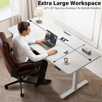Electric Standing Desk, 63 x 30 Inch Extra Large Desktop, Adjustable Height Sit Stand Desk, Home Office Workstation for Dual & Triple Monitor, White