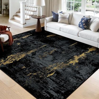 RELEANY Washable Area Rugs Square 9ft Non-Slip Modern Abstract Soft for Living Room Entryway Bedroom Kitchen, Print Pattern, Dark Black Gold