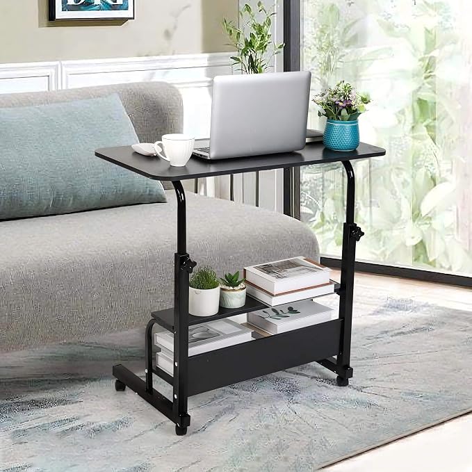 Adjustable Laptop Standing Desk - Mobile Rolling Computer Workstation for Small Spaces, Portable Home Office Desk with Storage Black