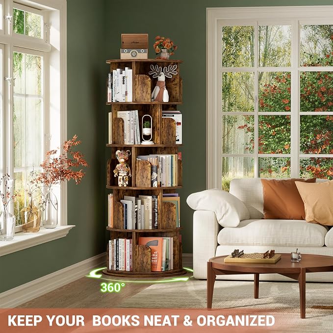 Besiost Rotating Bookshelf Tower, 5 Tier Spinning Bookcase, Revolving 360 Book Shelf Narrow Tall Bookcase, Vertical Turning Round Bookshelf Organizer, Corner Book Shelf for Small Space, Rustic Brown
