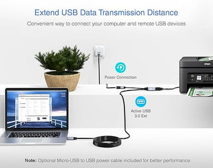 BlueRigger Active USB 3.0 Extension Cable 15FT (5 Gbps USB Extender Cord) - Long USB Extension Cable for Webcam, VR Headset, Printer, Hard Drive, Keyboard, Mouse