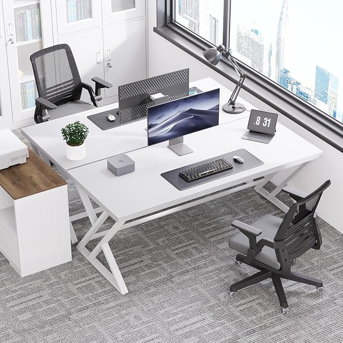 LVB Modern White Computer Desk, Long Industrial Home Office Desk for Student, Large Metal Wood Writing Study Work Desk, Farmhouse Executive Gaming Computer Table for Bedroom Living Room, White, 60 in