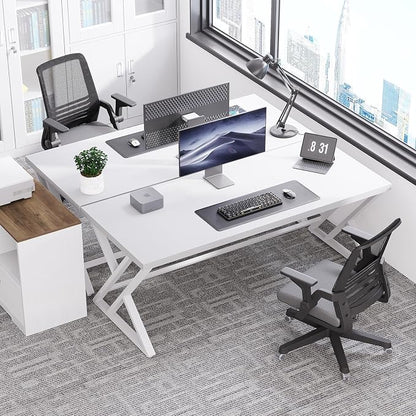 LVB Modern White Computer Desk, Long Industrial Home Office Desk for Student, Large Metal Wood Writing Study Work Desk, Farmhouse Executive Gaming Computer Table for Bedroom Living Room, White, 60 in