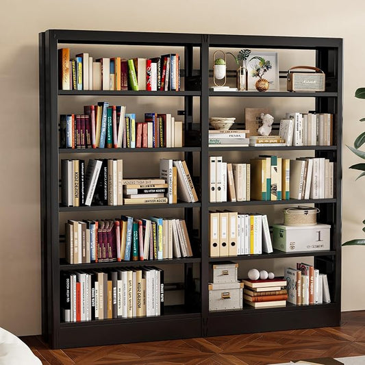 71" Expandable Combination Metal Bookshelf, 5 Tier Library Bookcase with Adjustable Shelves, Heavy Duty Bookshelves and Bookcases, Modern Book Shelf Tall Book Case/Shelves (73" W, Black)