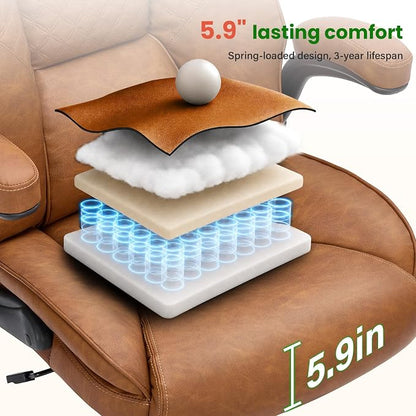 500lbs Big and Tall Office Chair with Inflatable Lumbar Support, Rubber Wheels Executive Chair with Rocking Function, High Back Wide Cushion Leather Ergonomic Computer Desk Chair for All-Day Sitting
