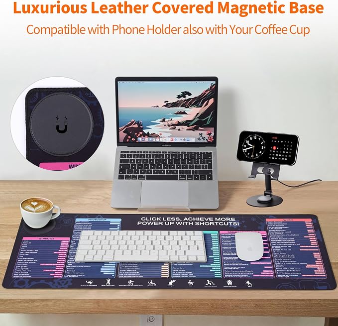Magnetic Wireless Charging,Excel Cheat Sheet Mouse Pad with Phone Stand Extended Excel Shortcuts Desk Pad, Waterproof Ultra-Smooth Keyboard Mat, Non-Slip Base (Not Included Adapter 9V 2A)