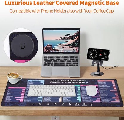 Magnetic Wireless Charging,Excel Cheat Sheet Mouse Pad with Phone Stand Extended Excel Shortcuts Desk Pad, Waterproof Ultra-Smooth Keyboard Mat, Non-Slip Base (Not Included Adapter 9V 2A)