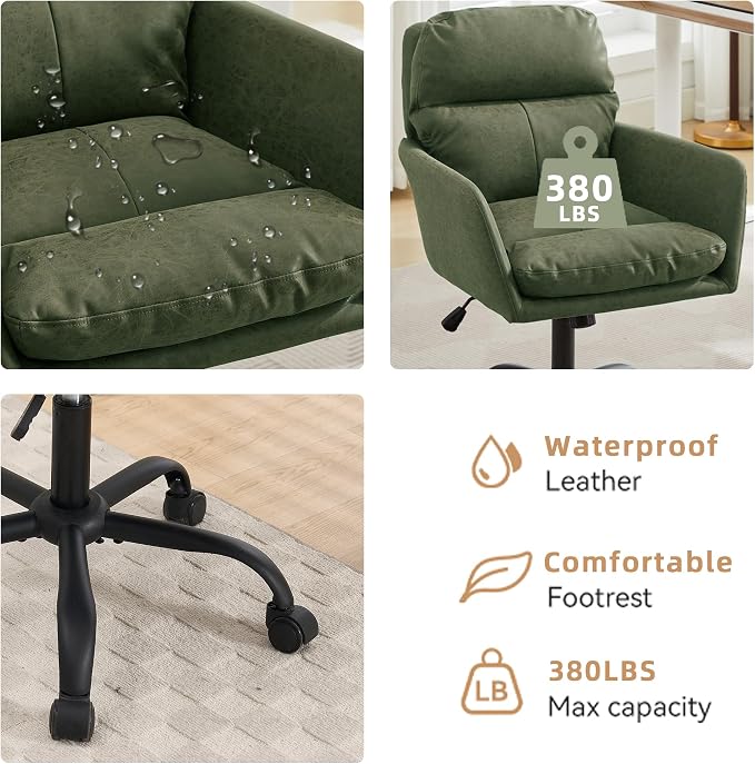 YITAI Adjustable Home Office Desk Chair with Comfy Square Mid-Back, Faux Leather 360,Study Green