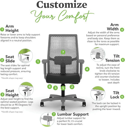 HON Ignition 2.0 ReActiv Ergonomic Office Chair, Mesh Desk Chair with Lumbar Support, Synchro‑Tilt Recline, Height and Width Adjustable Arms, Swivel Wheels, Titanium Frame, Black