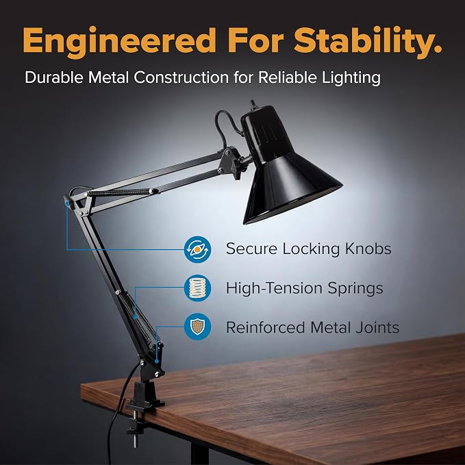 Bostitch Office VLF100 LED Swing Arm Desk Lamp with Clamp Mount, 36" Reach, Includes LED Bulb,Black