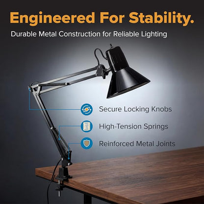 Bostitch Office VLF100 LED Swing Arm Desk Lamp with Clamp Mount, 36" Reach, Includes LED Bulb,Black
