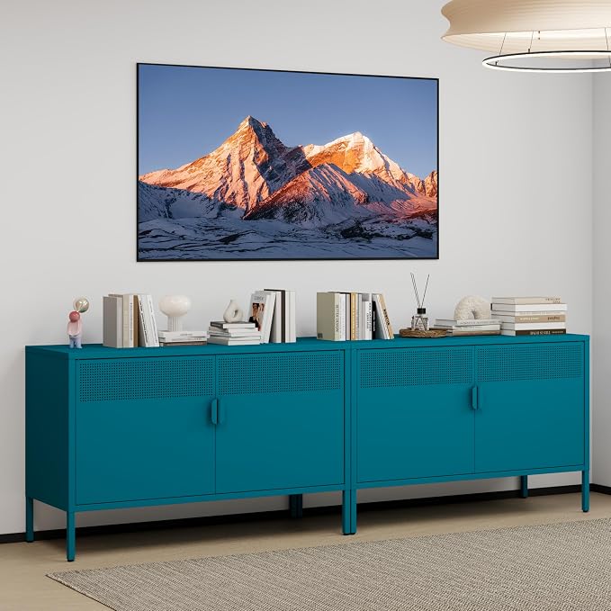 Metal Storage Cabinet with 2 Doors & Adjustable Shelves, 25" H Blue Accent Cabinet, Metal Locker Storage Cabinets, Tv Stand Cabinet for Home, Office, Living Room, Entryway