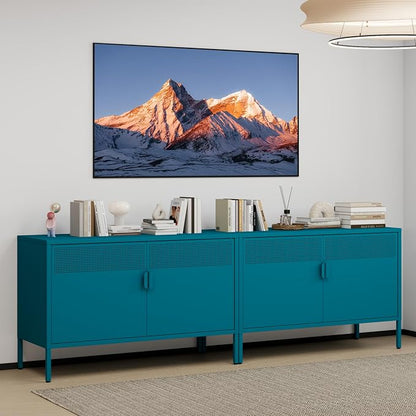 Metal Storage Cabinet with 2 Doors & Adjustable Shelves, 25" H Blue Accent Cabinet, Metal Locker Storage Cabinets, Tv Stand Cabinet for Home, Office, Living Room, Entryway