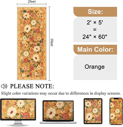 DUKINO 2x5 Runner Rug for Hallway, Washable Kitchen Floral Runner Rug with Non Slip Backing, Low Pile Soft Boho Carpet for Kitchen, Hallway, Entryway, Laundry, Bedroom, Orange