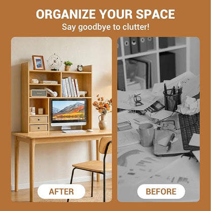 deli Desktop Bookshelf, High-Capacity Desk Hutch Organizer with 7 Shelves and 2 Drawers for Computer Desk, Desk Shelf Organizer for Dorm Office Home, Natural