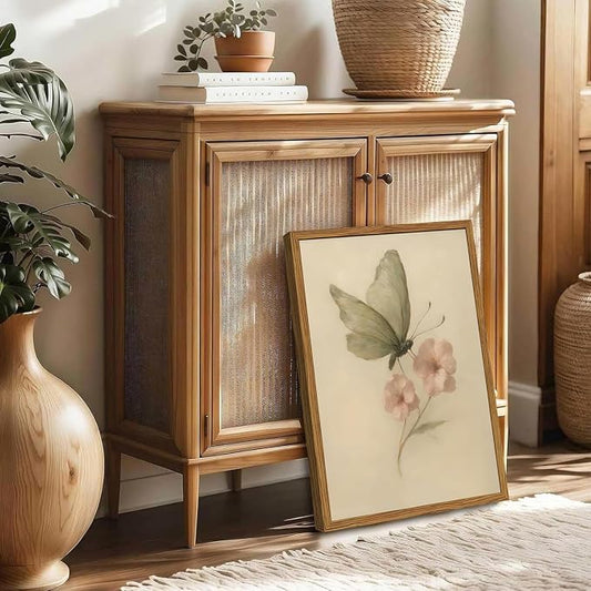 Framed Vintage Wall Art, Butterfly and Pink Floral Pictures Wall Decor, Retro Flower Moth Painting Canvas Prints Cottagecore Home Decor Aesthetic for Living Room Bedroom Bathroom 16x24 inch