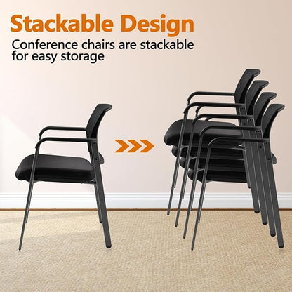 CLATINA Guest Reception Stacking Office Chairs with Arm, Mesh Back Waiting Room Chair with Upholstered Fabric Seat and Ergonomic Lumbar Support for Office Conference School Church, Black-2 Pack