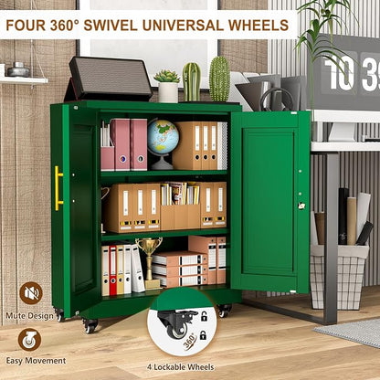 36" Metal Garage Storage Cabinet with Lock and Wheels,Rolling Steel Locker Organizer,Office File Cabinet with 2 Doors and 2 Adjustable Shelves,Tool Cabinets for Home Office,Gym,School (Green)