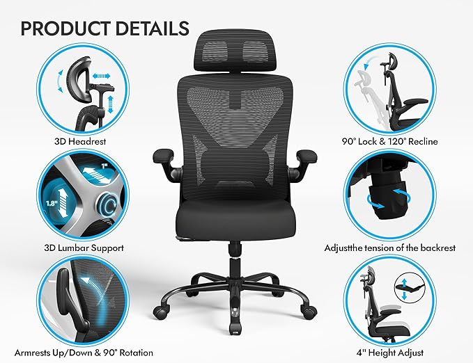 Ergonomic Office Chair - X-Shaped Computer Desk Chair Comfy, Gaming Chair, Office Chair with Lumbar Support, Mesh Office Chairs with Headrests, Desk Chair for Long Hours, Black Silver, Pack of 3