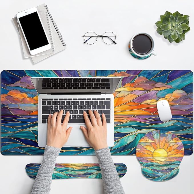 Britimes Gold Sun Ocean Keyboard Mouse Pad Set Boho Colorful 4in1 Large Mousepad+Keyboard Wrist Rest+Mouse Wrist Rest+Coaster Ergonomic Design for Home Office Computer 35.4x15.7 inches