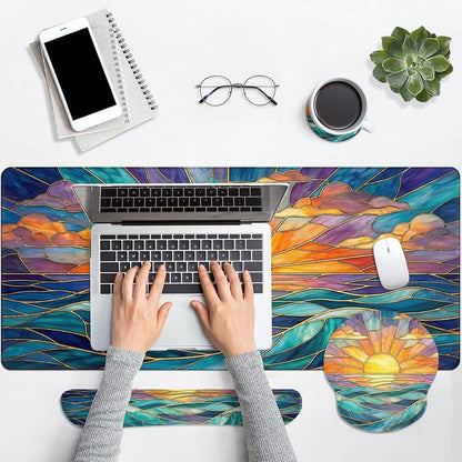 Britimes Gold Sun Ocean Keyboard Mouse Pad Set Boho Colorful 4in1 Large Mousepad+Keyboard Wrist Rest+Mouse Wrist Rest+Coaster Ergonomic Design for Home Office Computer 35.4x15.7 inches