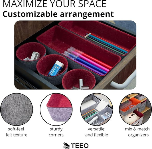 Teeo - Drawer Organizers - Office Supply Organizer - Desktop Drawers - Organizing Containers - Jewelry Tray Makeup Storage Home Dividers Compartment Desk Caddy Cosmetic Bins - Pack of 9, Burgundy