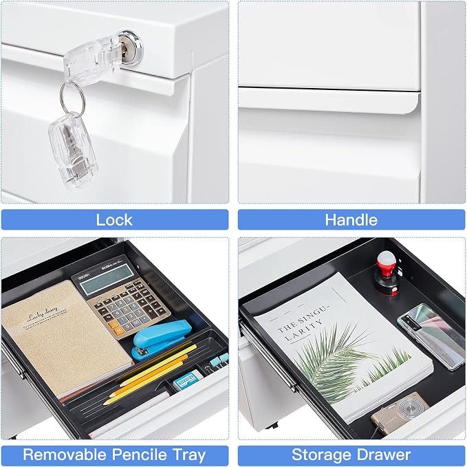 Yizosh 3 Drawer Mobile File Cabinet with Lock, White Under Desk Rolling Filing Cabinet, Metal Locking File Cabinet on Wheels for Legal/Letter/A4 File (Full Assemble)