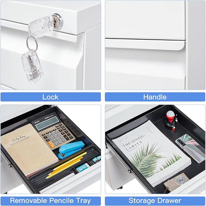 Yizosh 3 Drawer Mobile File Cabinet with Lock, White Under Desk Rolling Filing Cabinet, Metal Locking File Cabinet on Wheels for Legal/Letter/A4 File (Full Assemble)