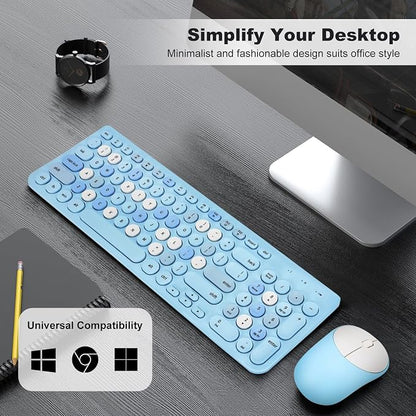 Wireless Keyboard and Mouse Combo, Retro Typewriter Keyboard with Round Keycaps, 2.4GHz USB Cute Wireless Keyboard Mouse for Computer, Desktop, Laptop (Blue Colorful)