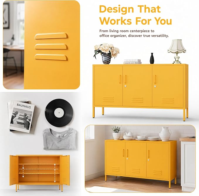 47.5" Wide Yellow Metal Storage Cabinet with Lock and Ventilated Doors, 2 Adjustable Shelves, Heavy Duty Home Metal Accent Locker for Kitchen Office Living Room Hallway