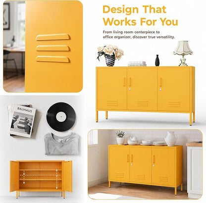 47.5" Wide Yellow Metal Storage Cabinet with Lock and Ventilated Doors, 2 Adjustable Shelves, Heavy Duty Home Metal Accent Locker for Kitchen Office Living Room Hallway