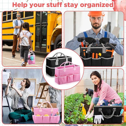 Tellingyou 2 Pcs Art Craft Tote Bag Teacher Craft Organizers and Storage Bag Desktop Tote Supply 600d Oxford Classroom Organizer Caddy Gift for Crafters Christmas Office(Black, Pink)