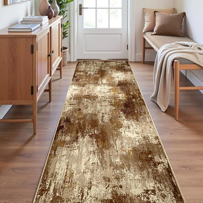 RELEANY Washable Area Rugs 2'x8' Non-Slip Modern Abstract Soft for Living Room Entryway Bedroom Kitchen, Print Pattern, Brown Tan Beige Coffee