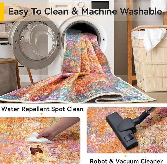 RELEANY Washable Area Rugs 3'x5' Non-Slip Modern Abstract Soft for Living Room Entryway Bedroom Kitchen, Print Pattern, Orange Blue Pink Yellow Colorful