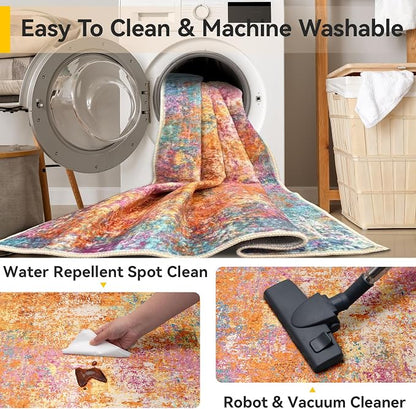 RELEANY Washable Area Rugs 2'x8' Non-Slip Modern Abstract Soft for Living Room Entryway Bedroom Kitchen, Print Pattern, Orange Blue Pink Yellow Colorful