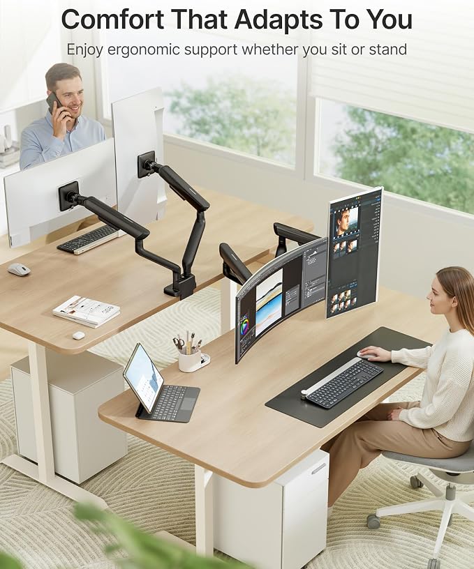monTEK Mechanical Spring Dual Monitor Arm for 17 to 35" Screens, Aerospace-Grade Aluminum, C-Clamp and Grommet Stand Holding 26.4 lbs Per Arm, Perfect for Ergonomic Office Workspaces, VESA 75/100mm