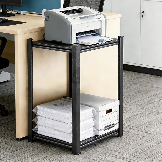 Printer Stand, Metal Shelving Adjustable Storage Shelves, printer table Office Organizer Book shelf corn shelf Industrial Shelving for office organization, black Nightstand (13.8"W×11.8"D×22"H)